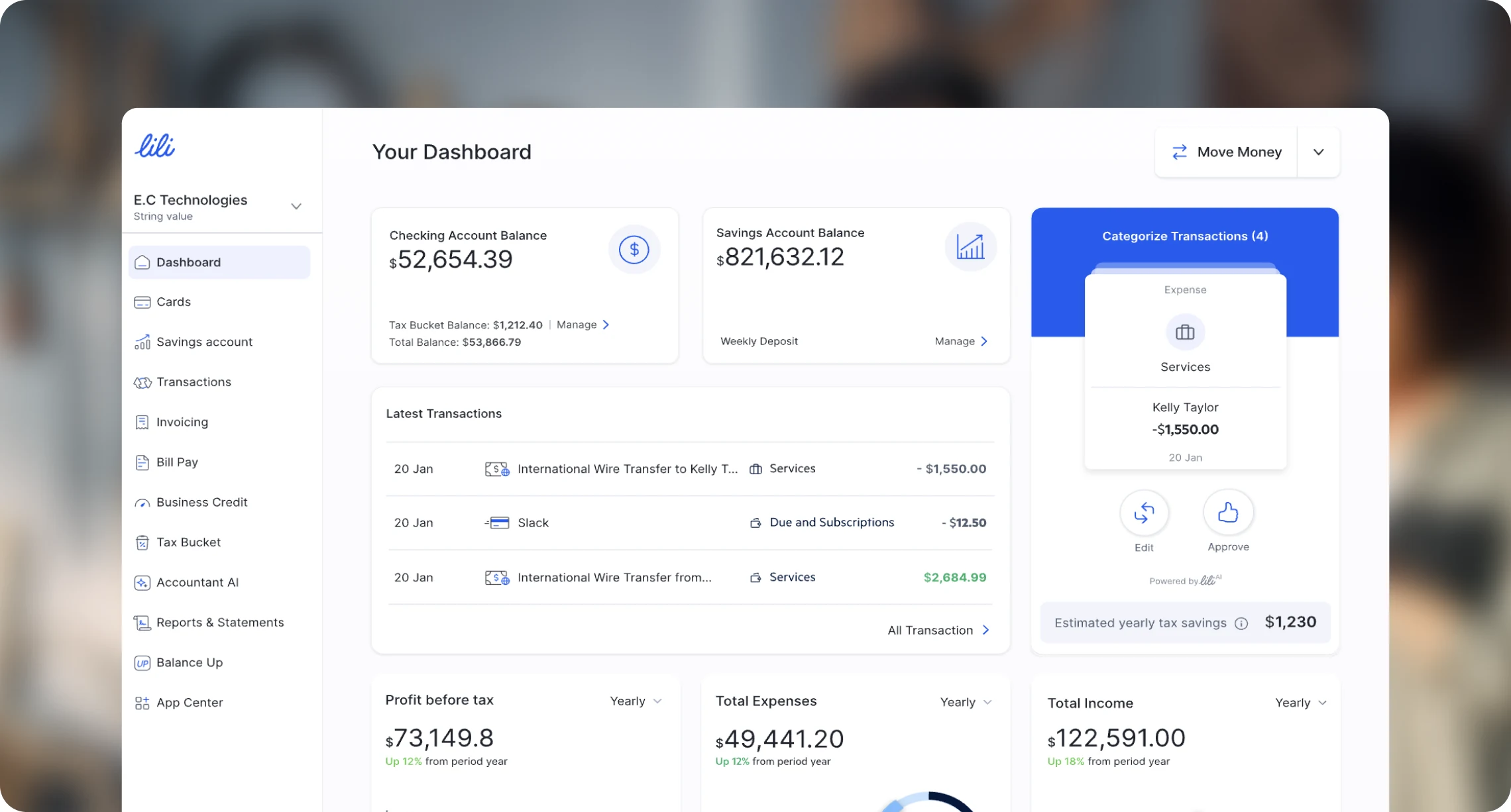 Lili — business banking dashboard