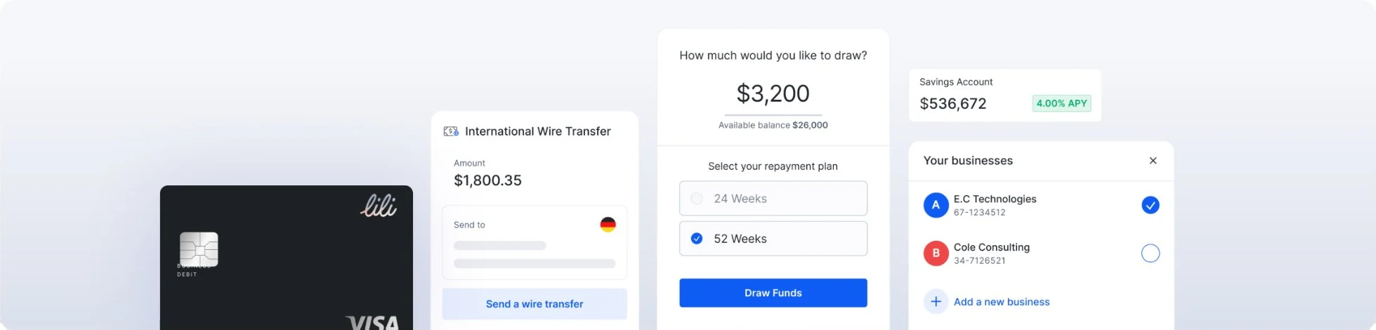 Lili — product strip: cards, wire transfer and payments